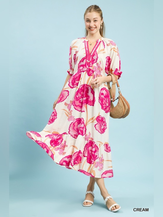 Umgee Dresses & Skirts - Umgee Floral Print Midi Dress with Contrast Trim
